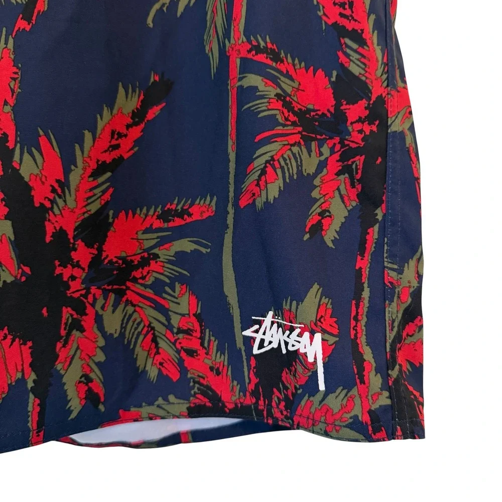 Stussy‎ Wild Palm Trunk Board Shorts Men 33 Med Navy Blue Red Swim Trunks NWOT